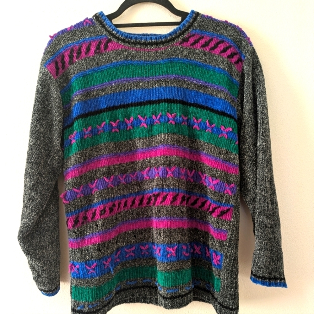 Vintage Russ Multicolored Sweater 90s Bright Colorful Crotchet/Yarn Women's SP - Picture 1 of 9